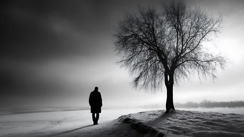 Solitary figure walking past bare tree in snowy field.