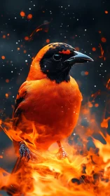 Flaming ember bird stands amid sparks and swirling fire.