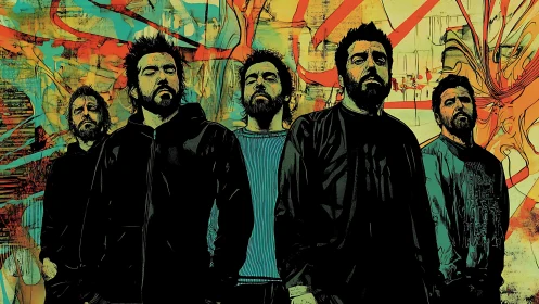 Bold band of five in a vivid, street-art dreamscape.