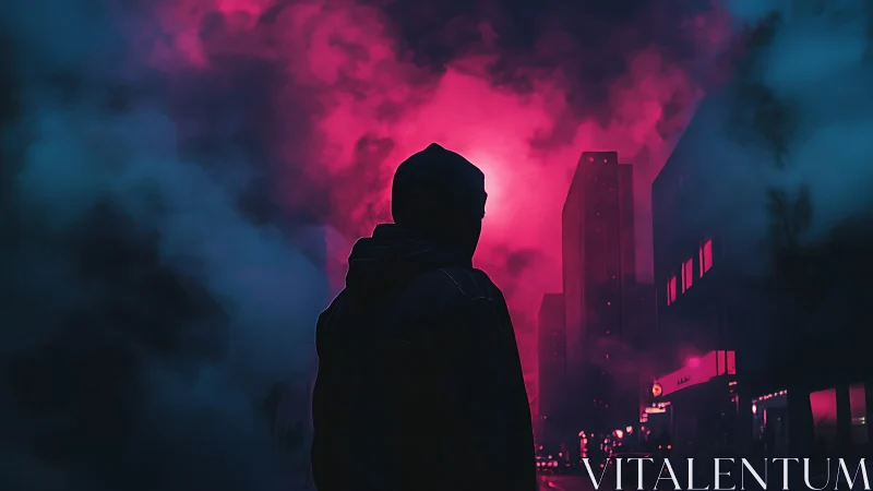 Hooded silhouette in neon magenta fog over cyber cityscape.