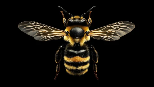 Golden honeybee spreads delicate wings in vivid detail