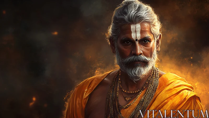 Portrait shows elderly man in orange robe against dark glow