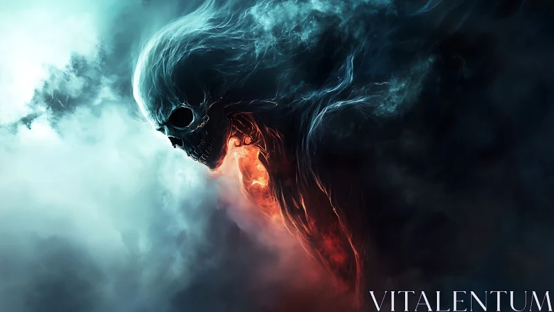 Ghostly flaming skull drifting through swirling storm clouds.