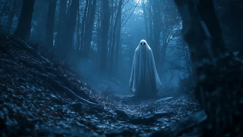 Playful little ghost wandering through a moonlit forest.