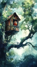 Solitary owl watches misty forest from rustic tree house