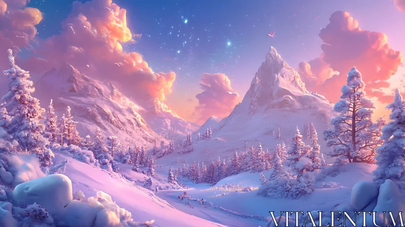 Snowy pink alpine valley glows under twilight sky