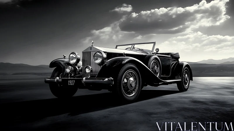 Photorealistic monochrome study of vintage luxury roadster.