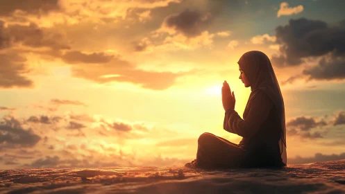 Woman Praying at Sunset in Serene Landscape, Realistic Style.