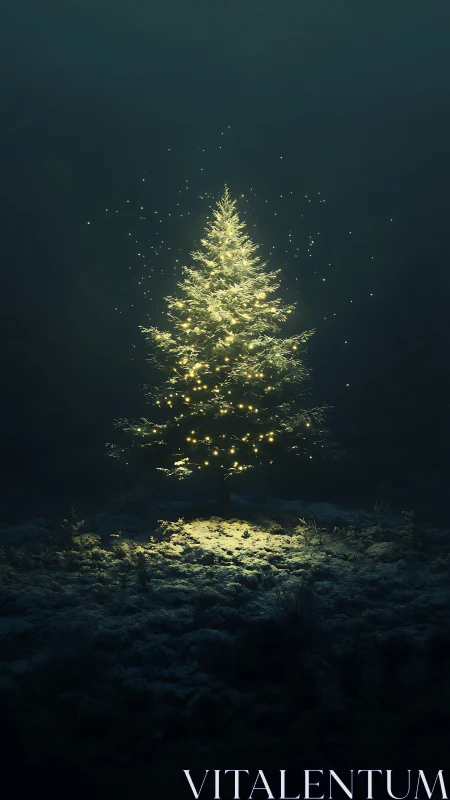 Lone illuminated Christmas tree glowing in dark forest.