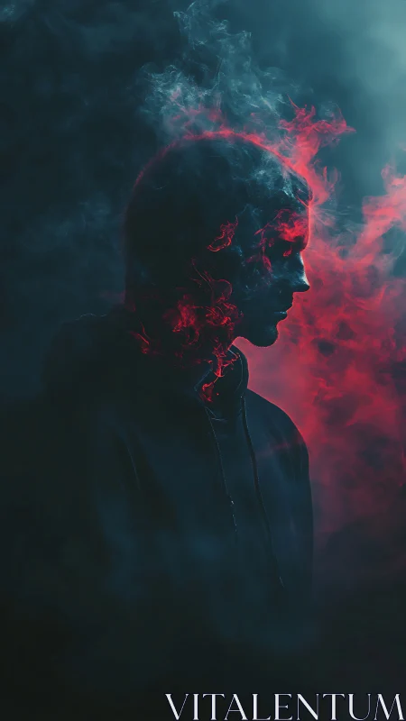Mysterious hooded silhouette glowing through red smoke.