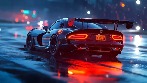 Rear view sports coupe on wet city street at night.