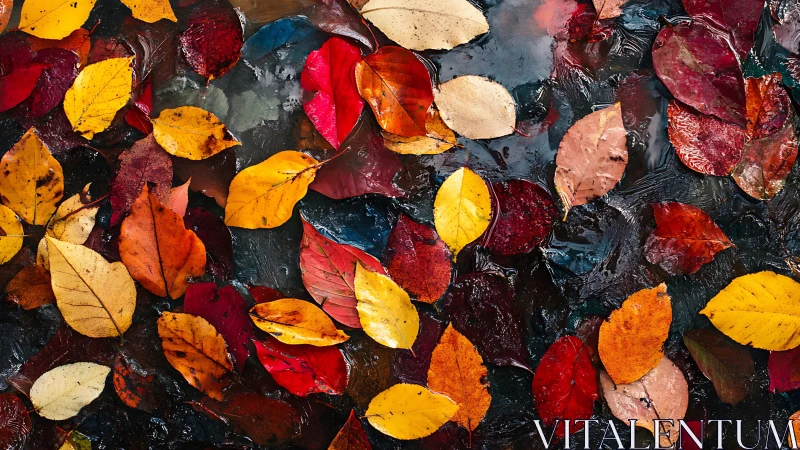 Multicolored autumn leaves on wet dark ground surface.