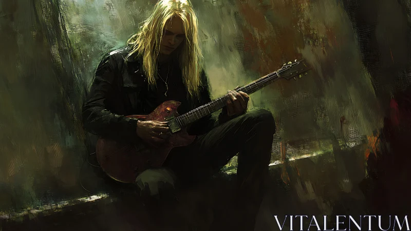 Moody digital painting of solitary guitarist in chiaroscuro tones.