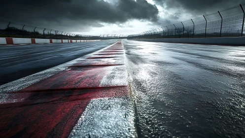Wet motorsport racetrack under dark storm clouds at dusk.