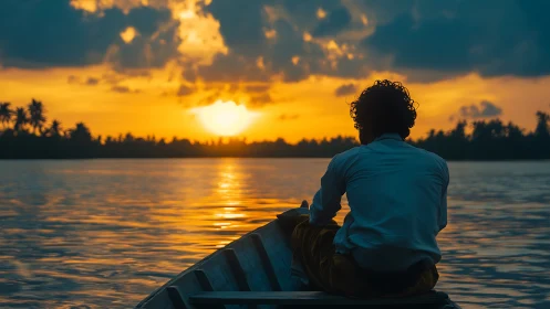 Quiet sunset boat ride with a thoughtful solitary dreamer.