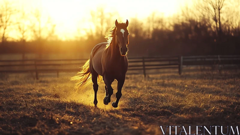 Brown horse runs through sunlit pasture at golden hour