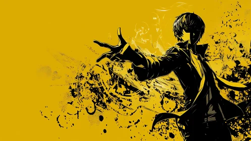 Vector-silhouetted hero amid splatter-field motion dynamics.