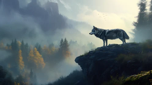 Digital painting of lone wolf above misted alpine forestscape.