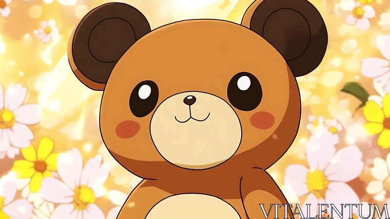 Sunlit teddy daydream amid golden flower confetti glow.