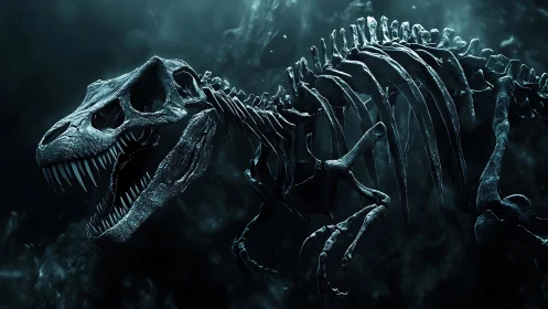 3D-rendered tyrannosaurus skeleton in dramatic deep-sea lighting.