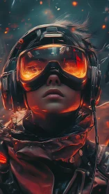 Fearless sci fi pilot glowing with ember bright goggles.