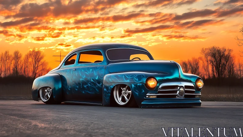 Sunset lowrider phantom with teal flames and chrome grin.