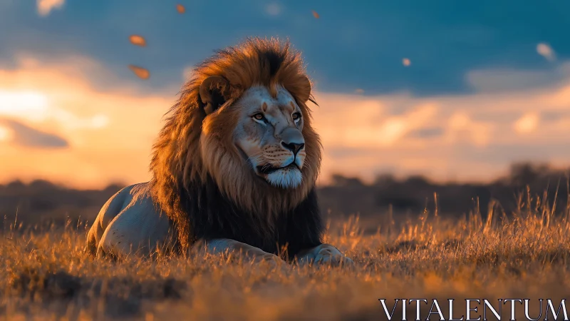 Majestic lion rests in golden savanna light at sunset.