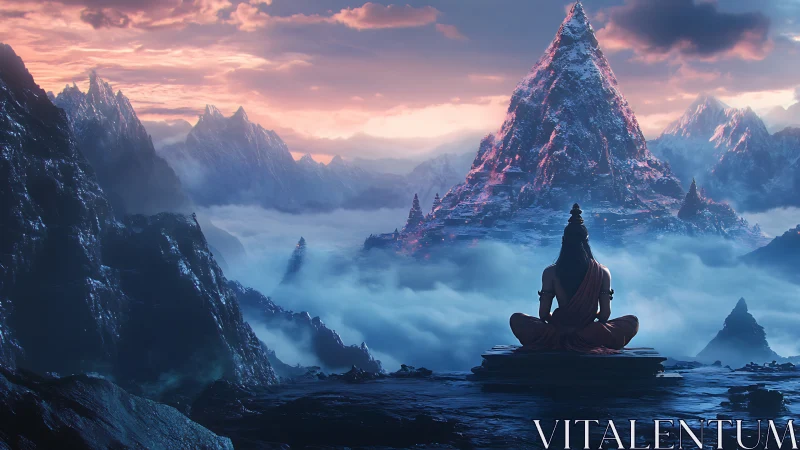 Meditating sage overlooks misty pyramidal mountain temple