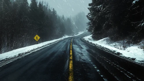 Snow-covered forest highway curve under light snowfall.