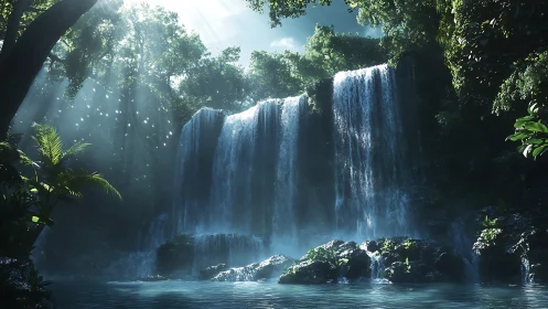 Sunlit tropical waterfall cascades into misty jade pool