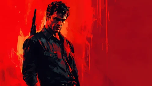 Male figure with rifle on red abstract background.