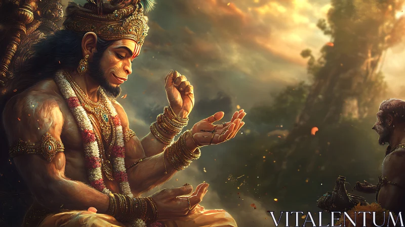 Serene Hanuman in golden dusk, blessing a humble devotee.