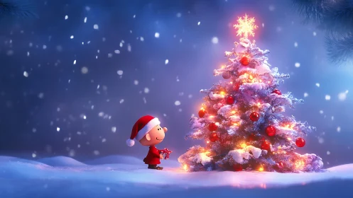 Cartoon child observes illuminated Christmas tree outdoors