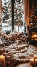 Cozy winter nook by the fire with blankets and soft lights.