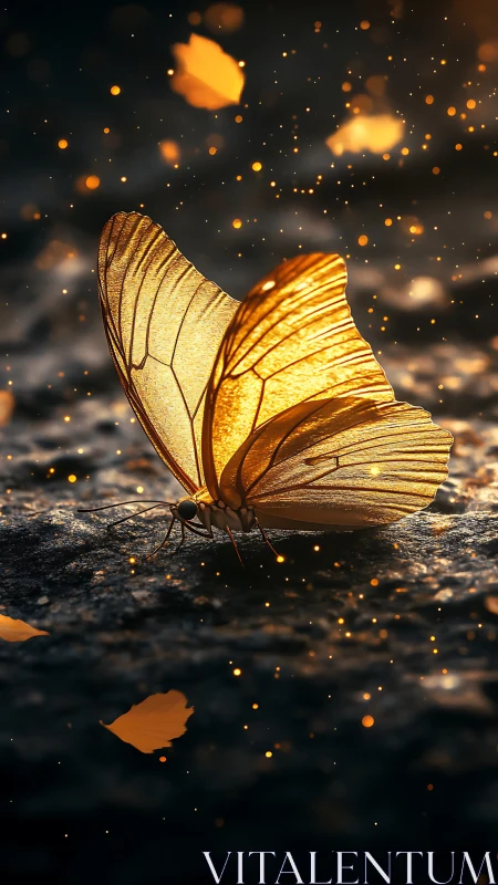 Golden butterfly resting on stone amid glowing sparks.