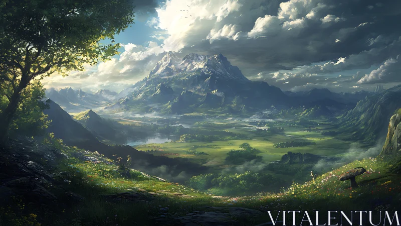 Sunlit valley and snowcapped mountain in a peaceful vista.