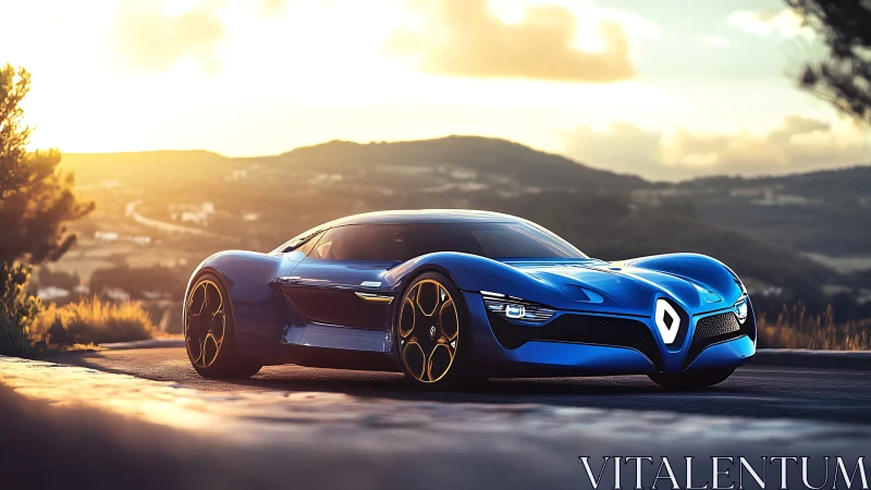 Aerodynamic blue concept supercar glows in sunset backlight