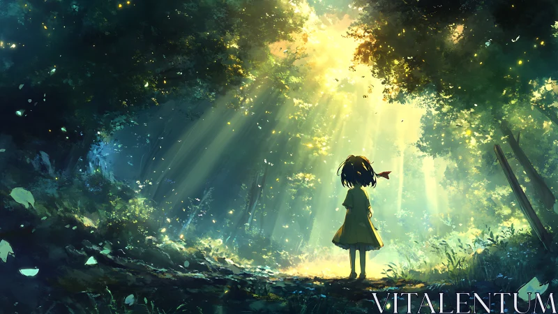 Backlit forest clearing renders volumetric light around lone child