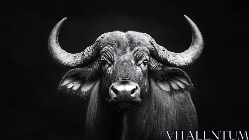 Monochrome frontal portrait of horned African buffalo specimen.