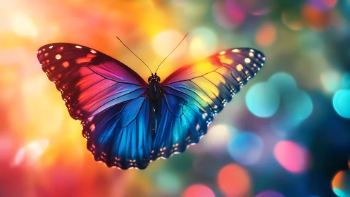 Radiant multicolor butterfly over dreamy bokeh field.