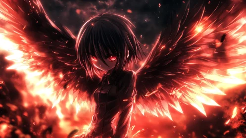 Dark winged guardian glowing in a storm of crimson fire.