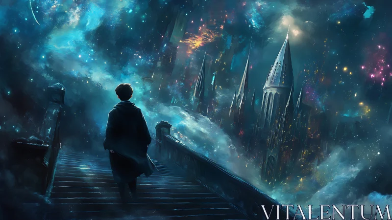 Young wanderer steps toward a luminous starbound citadel.