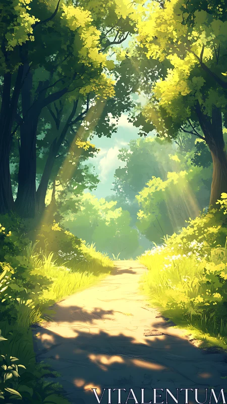 Luminous Forest Path Where Golden Sunlight Dances Through Canopy.