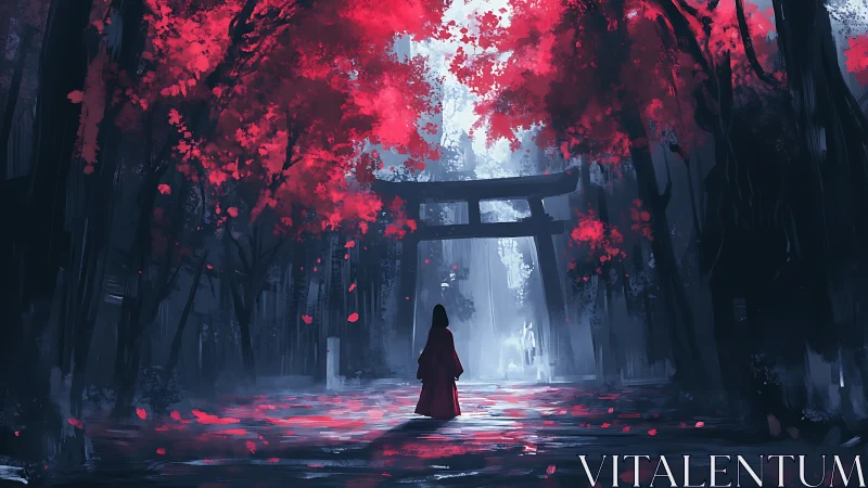 Solitary figure approaches misty torii beneath crimson trees