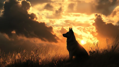 Silhouetted dog watching a blazing golden sunset sky.