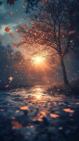 Sunset over wet autumn path with falling orange leaves.