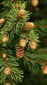 Close pine tree branch with green needles and cones.
