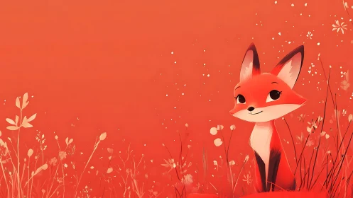 Gentle fox sits softly in a bright red flower meadow