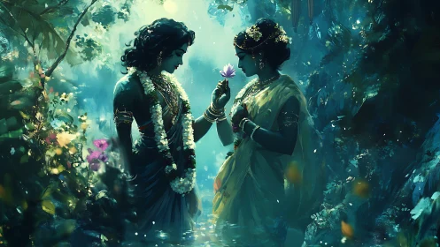 Divine couple in luminous forest sharing lotus flower.