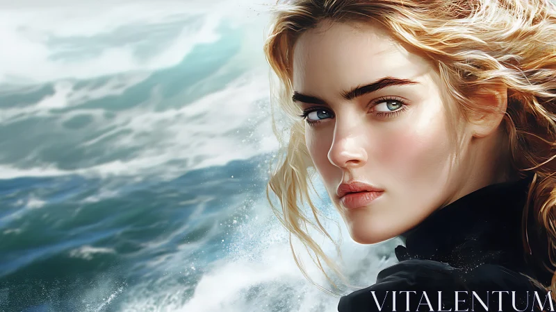 Stormlit portrait of blonde woman before crashing ocean waves.